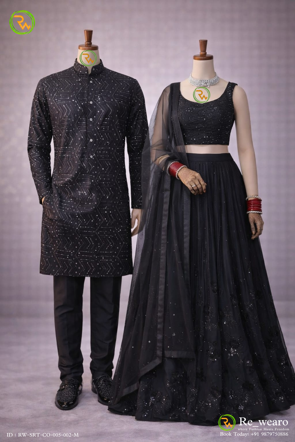 Midnight Black Coordinated Couple Set with Sequin Lehenga and Geometric Kurta
