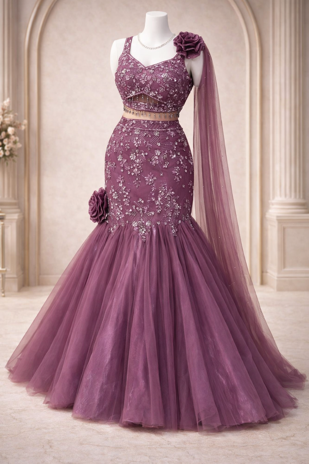 Mauve Embellished Mermaid Lehenga with Floral Drape Dupatta