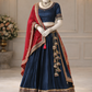 Navy Blue Pleated Lehenga Set with Crimson Embroidered Dupatta