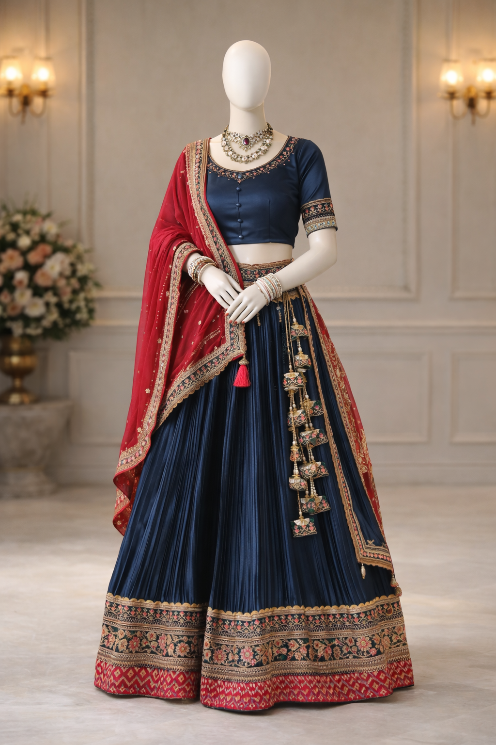 Navy Blue Pleated Lehenga Set with Crimson Embroidered Dupatta