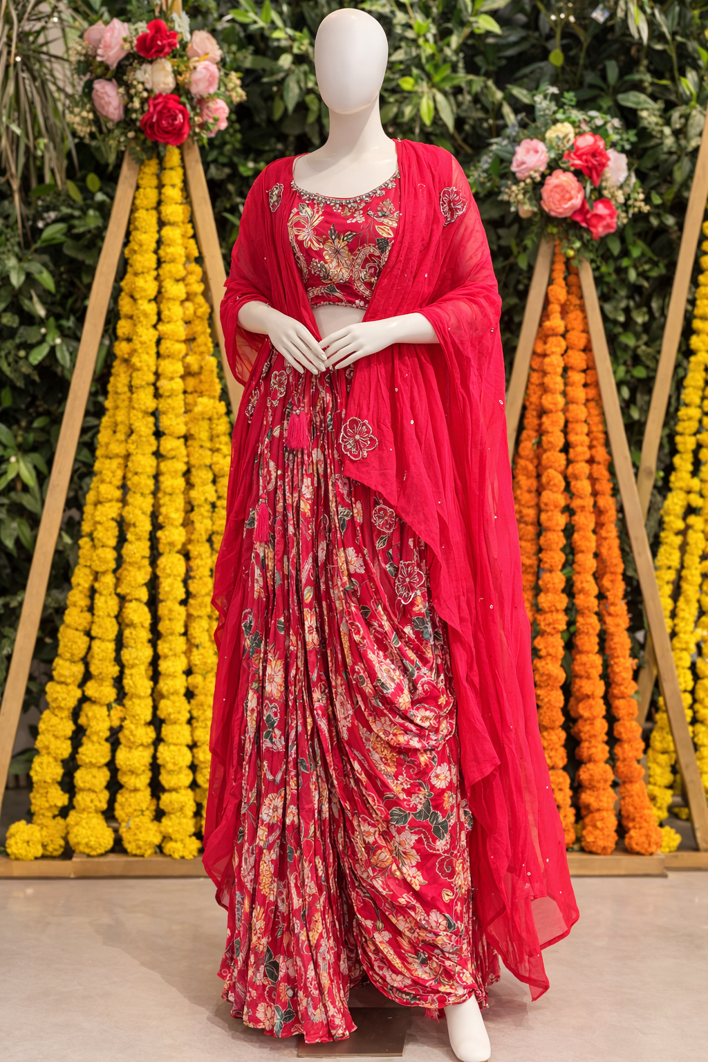 Crimson Floral Printed Draped Dhoti Set with Embellished Dupatta