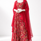 Crimson Floral Printed Draped Dhoti Set with Embellished Dupatta