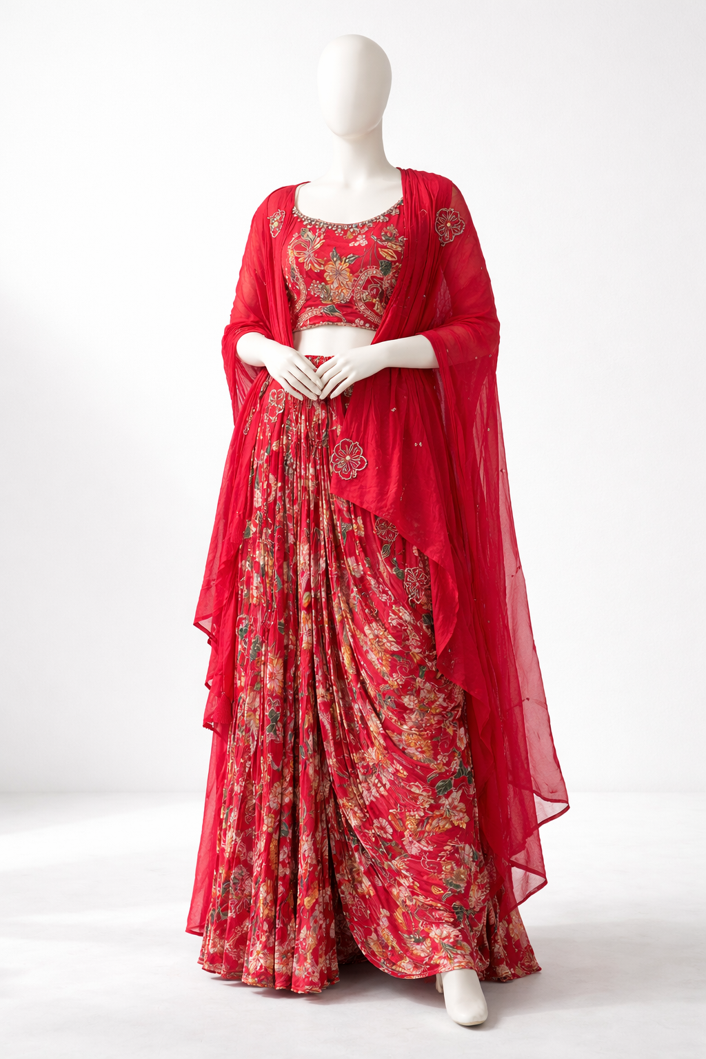 Crimson Floral Printed Draped Dhoti Set with Embellished Dupatta