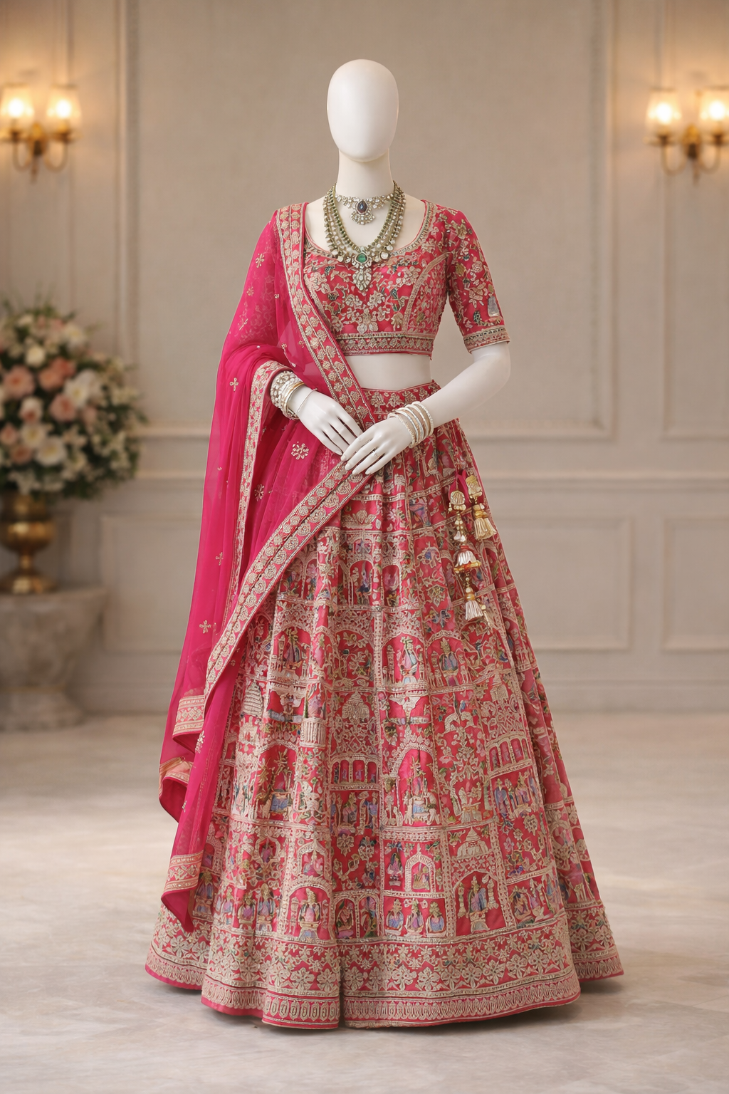 Rani Pink Heritage Storywork Bridal Lehenga with Embroidered Dupatta