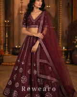 Burgundy Mirror-Embellished Lehenga with Sheer Dupatta