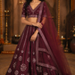 Burgundy Mirror-Embellished Lehenga with Sheer Dupatta