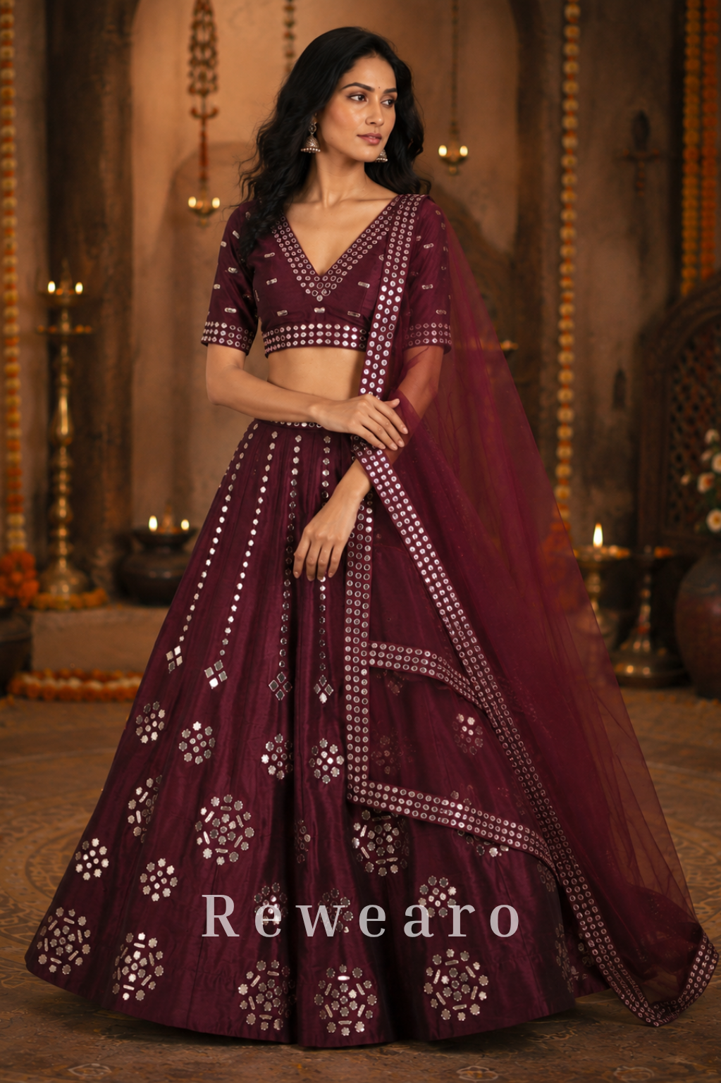 Burgundy Mirror-Embellished Lehenga with Sheer Dupatta