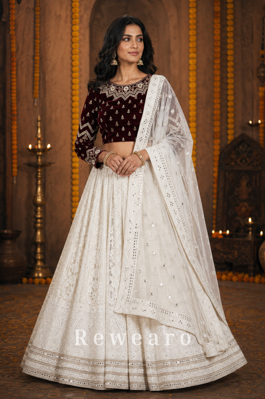 Maroon Embroidered Blouse with Ivory Chikankari Lehenga & Sheer Dupatta