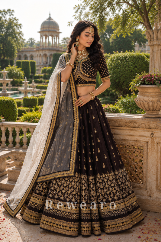 Midnight Noir Heritage Embroidered Lehenga Set with Ornate Gold Blouse and Sheer Dupatta