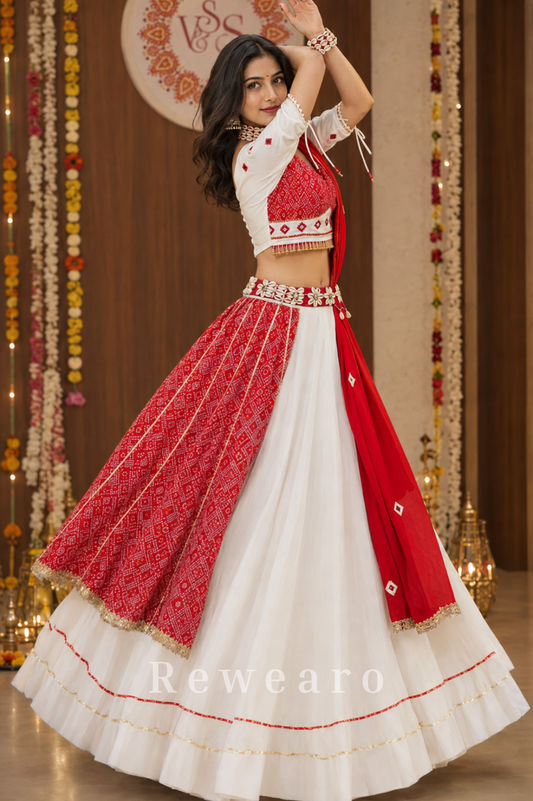Ivory Bandhani Canvas with Ruby Draped Accents & Mirror Floral Waist Detailing
