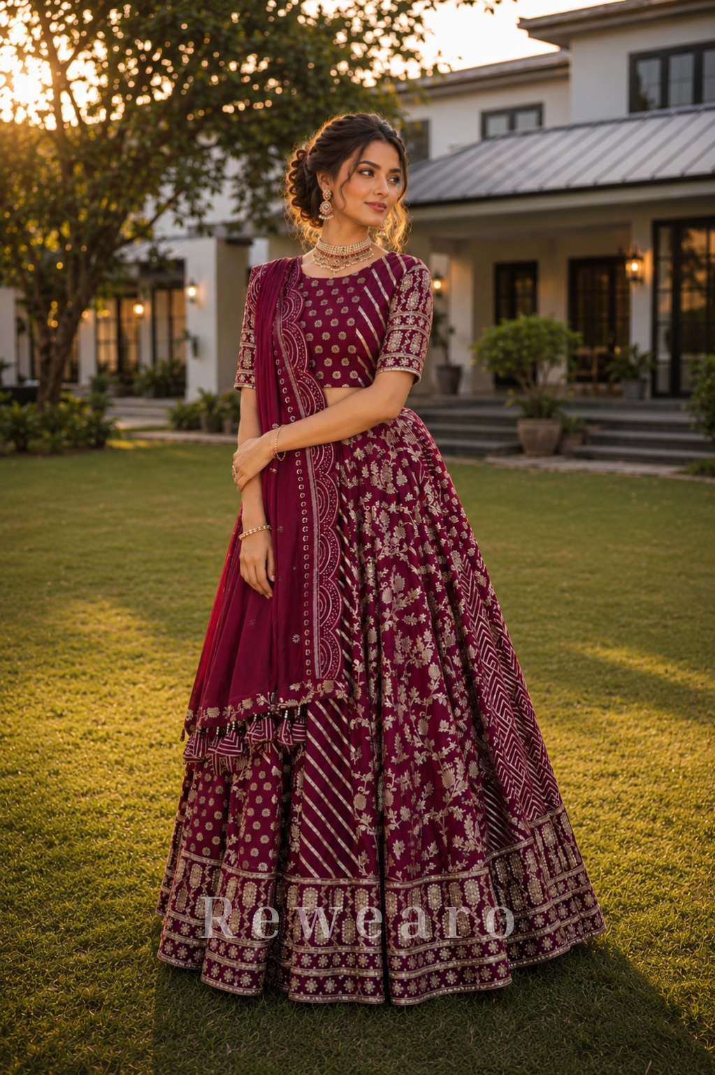 Wine Bandhani Embroidered Lehenga Set with Matching Embroidered Border Dupatta