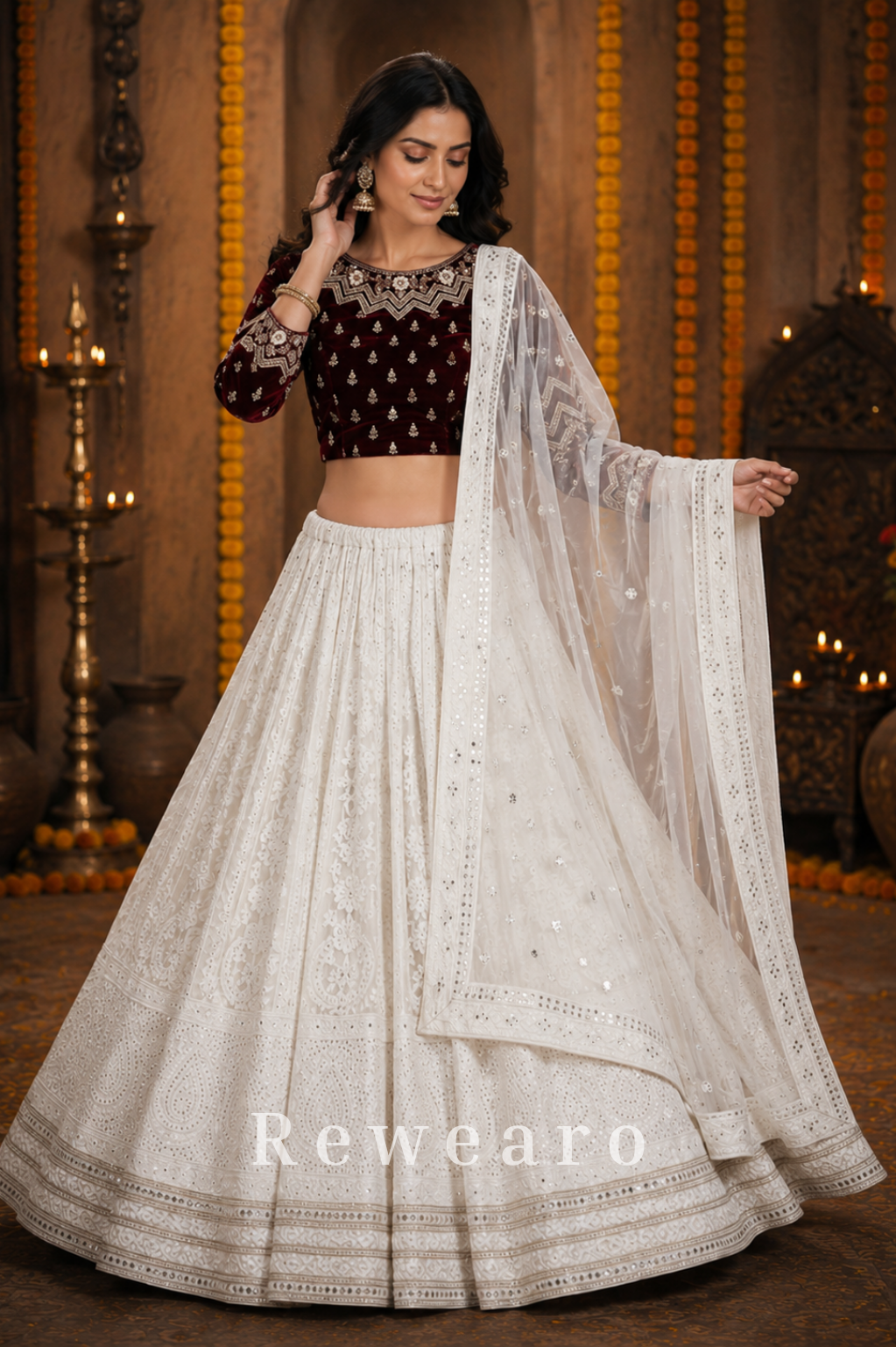 Maroon Embroidered Blouse with Ivory Chikankari Lehenga & Sheer Dupatta