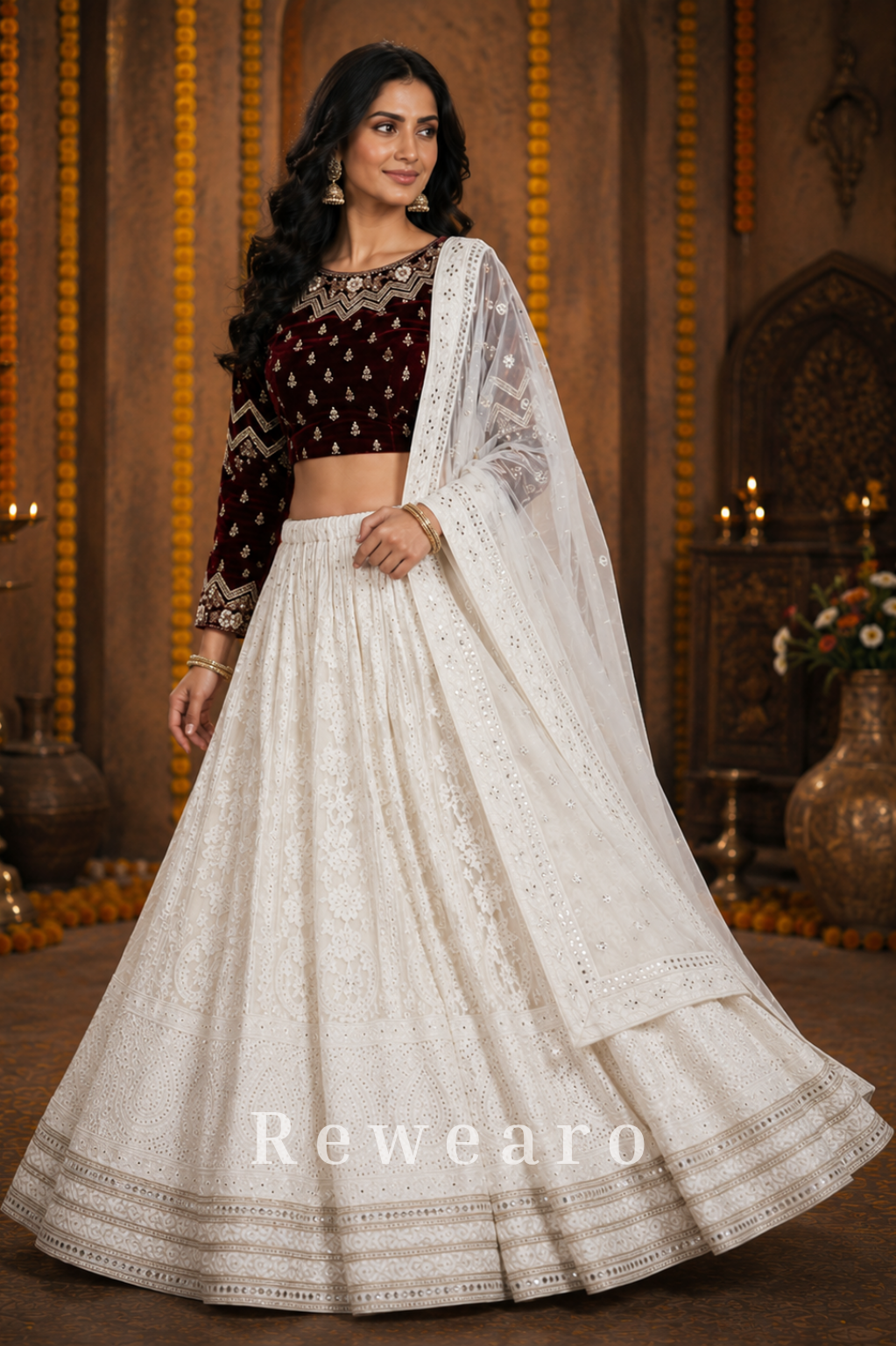 Maroon Embroidered Blouse with Ivory Chikankari Lehenga & Sheer Dupatta