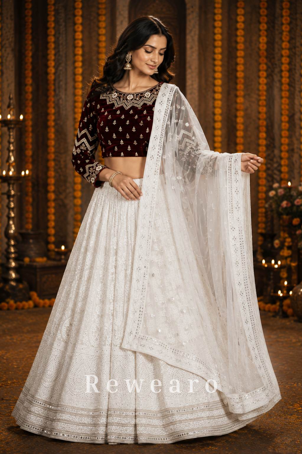 Maroon Embroidered Blouse with Ivory Chikankari Lehenga & Sheer Dupatta