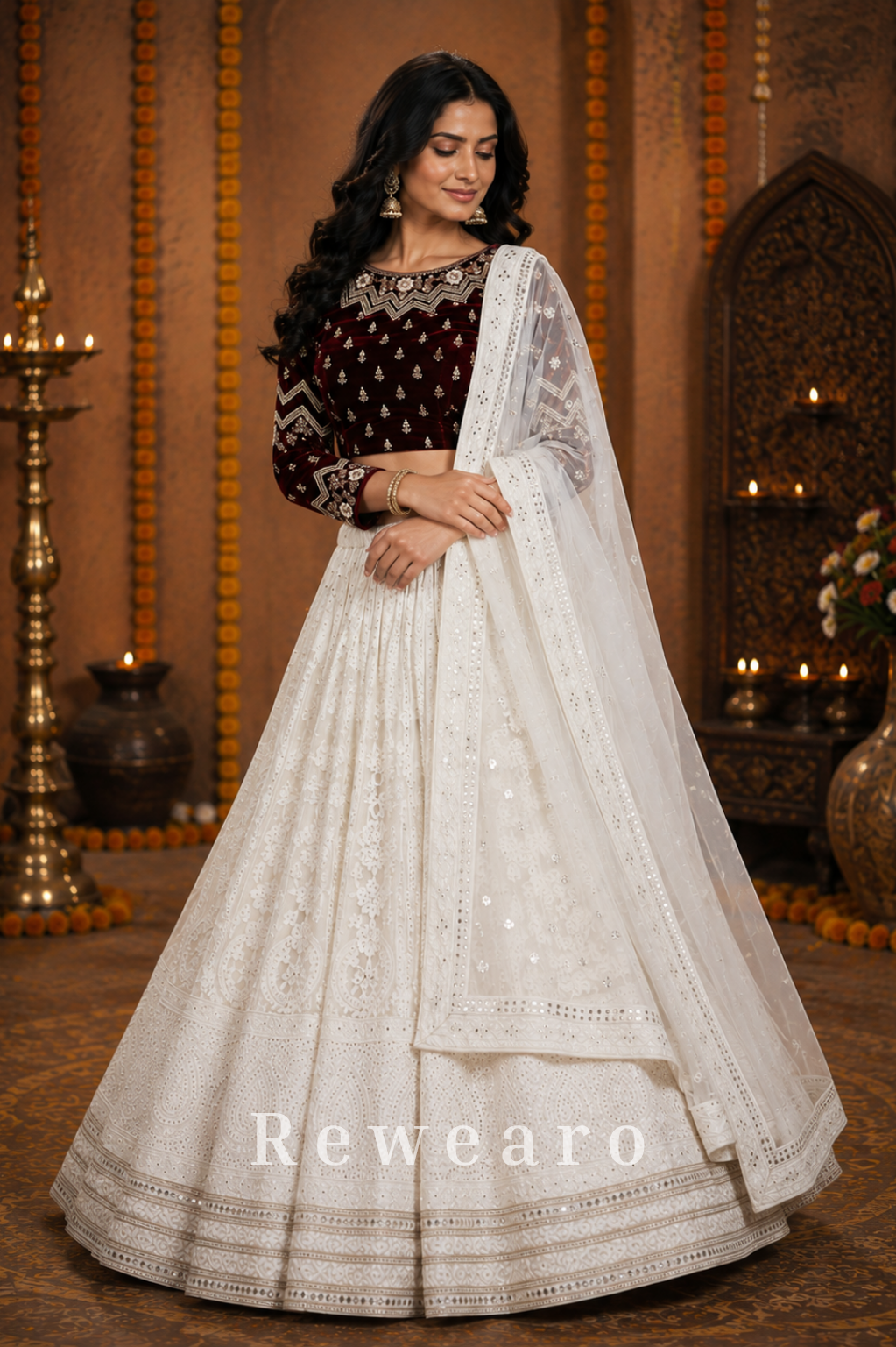 Maroon Embroidered Blouse with Ivory Chikankari Lehenga & Sheer Dupatta