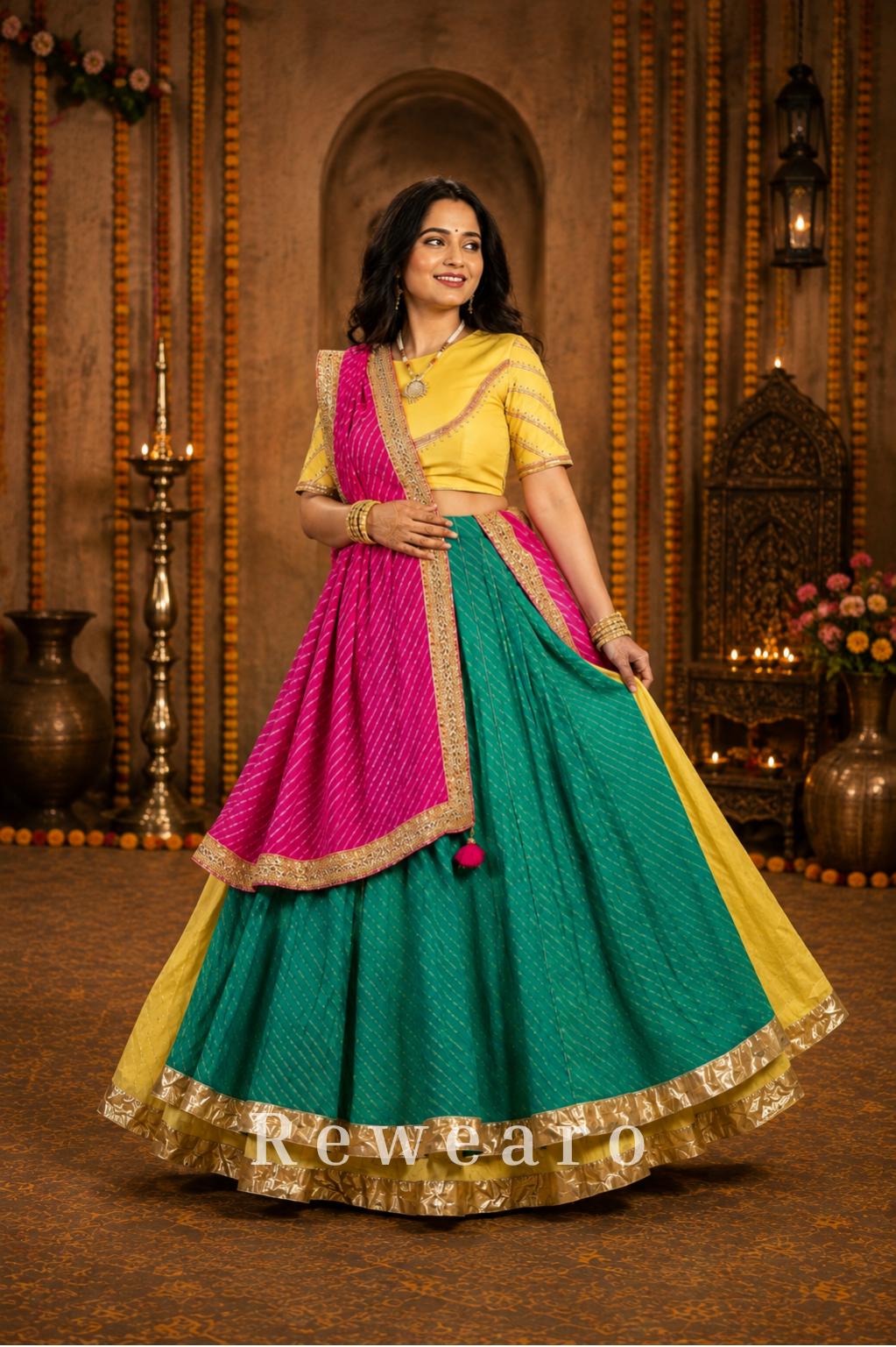 Teal & Magenta Leheriya Lehenga with Mustard Blouse & Zari Dupatta