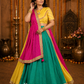 Teal & Magenta Leheriya Lehenga with Mustard Blouse & Zari Dupatta