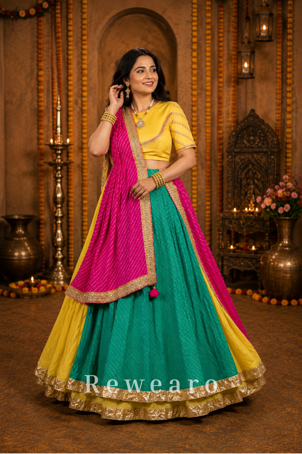 Teal & Magenta Leheriya Lehenga with Mustard Blouse & Zari Dupatta