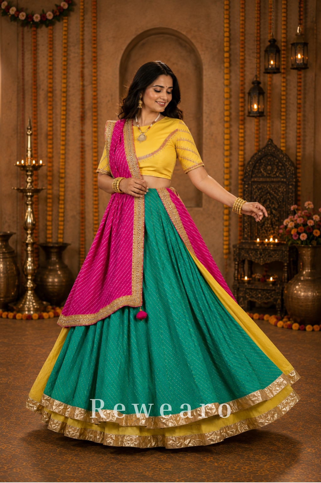Teal & Magenta Leheriya Lehenga with Mustard Blouse & Zari Dupatta
