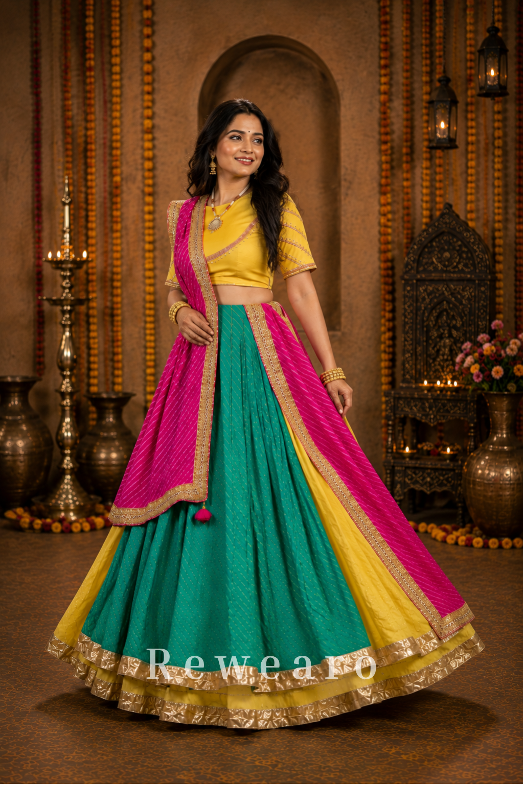 Teal & Magenta Leheriya Lehenga with Mustard Blouse & Zari Dupatta
