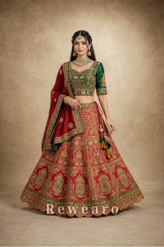 Crimson Rajwadi Lehenga with Emerald Embroidered Blouse & Heritage Dupatta