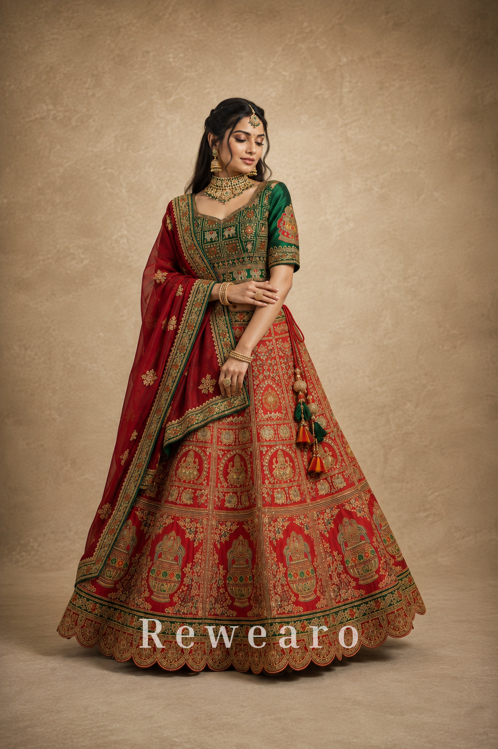 Crimson Rajwadi Lehenga with Emerald Embroidered Blouse & Heritage Dupatta