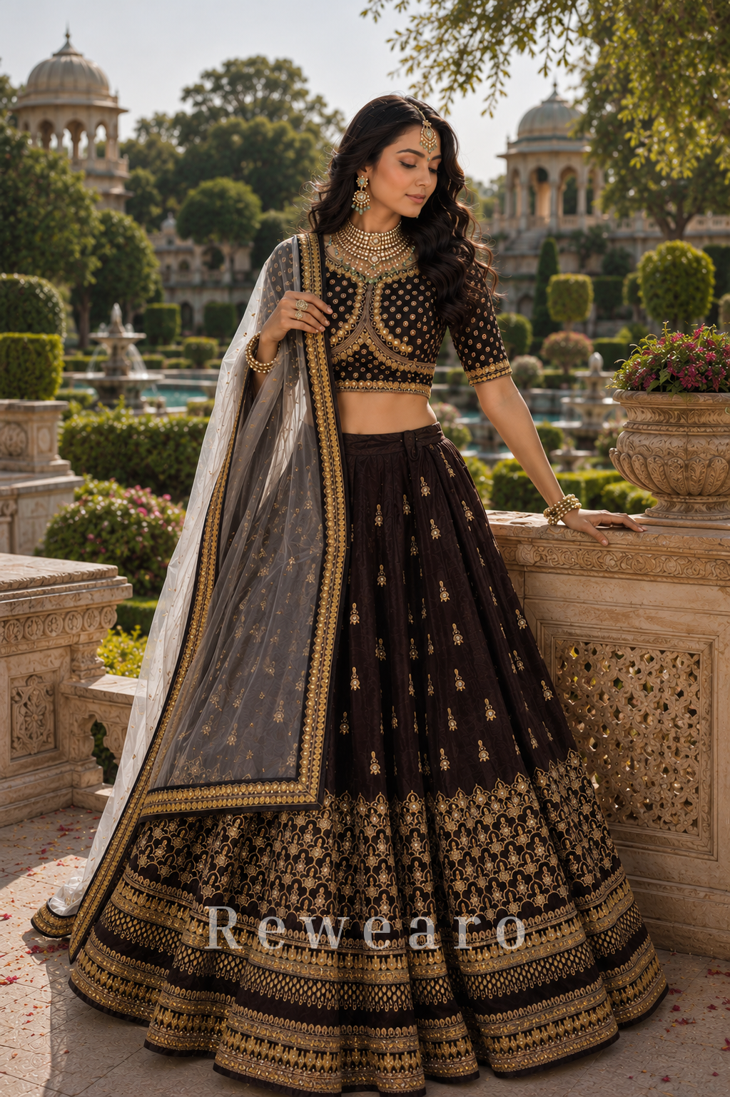 Midnight Noir Heritage Embroidered Lehenga Set with Ornate Gold Blouse and Sheer Dupatta