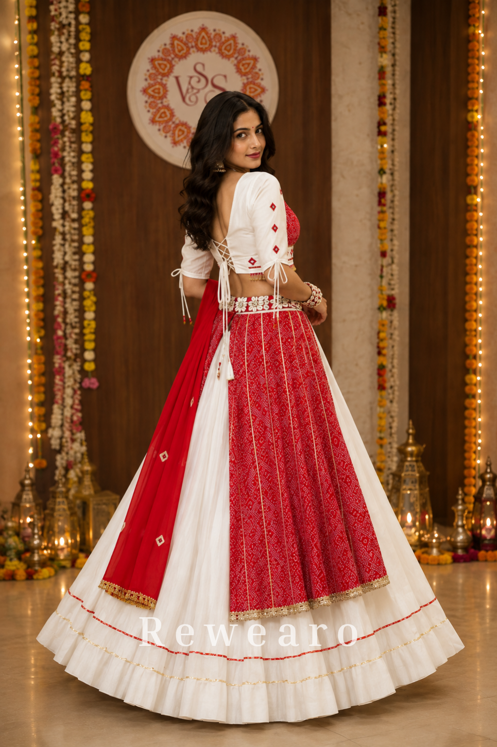 Ivory Bandhani Canvas with Ruby Draped Accents & Mirror Floral Waist Detailing