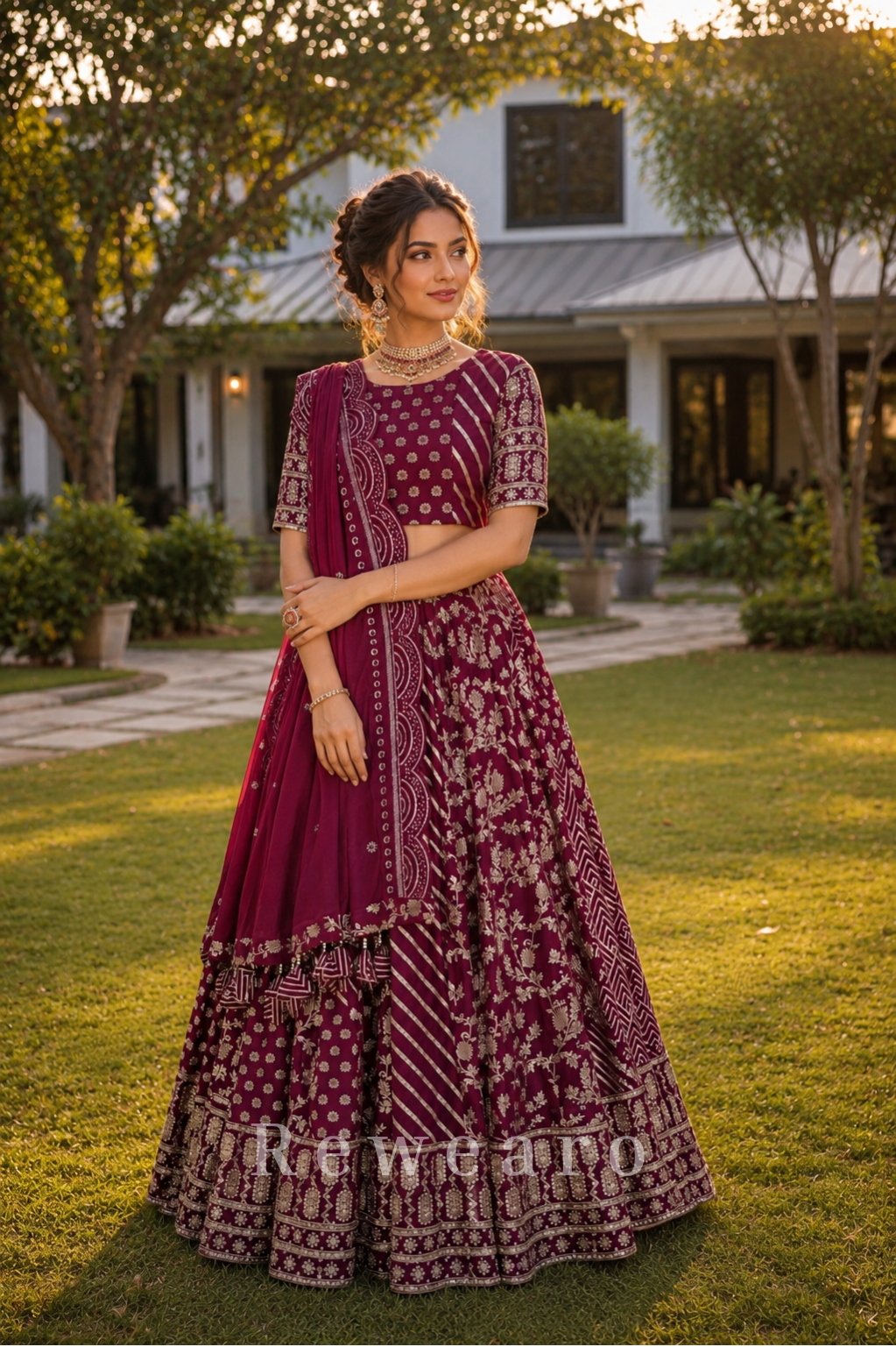 Wine Bandhani Embroidered Lehenga Set with Matching Embroidered Border Dupatta