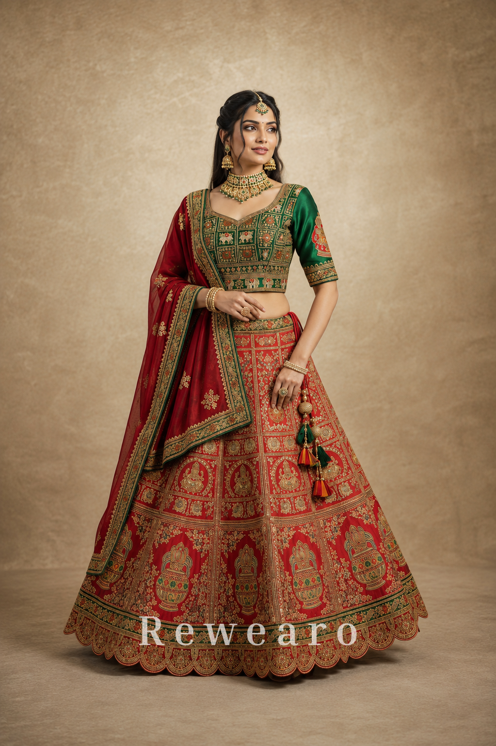 Crimson Rajwadi Lehenga with Emerald Embroidered Blouse & Heritage Dupatta