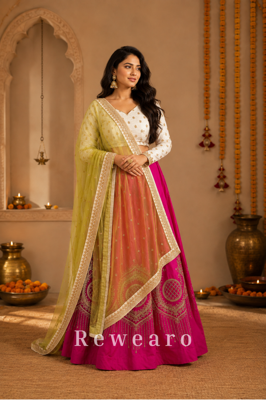 Rani Pink Lehenga with Ivory Floral Blouse & Lime Sheer Dupatta