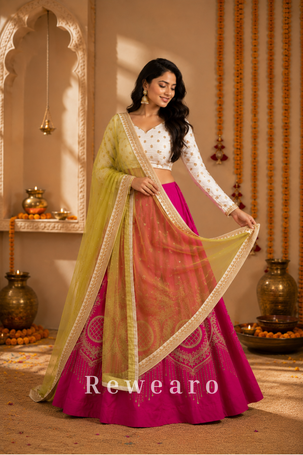 Rani Pink Lehenga with Ivory Floral Blouse & Lime Sheer Dupatta