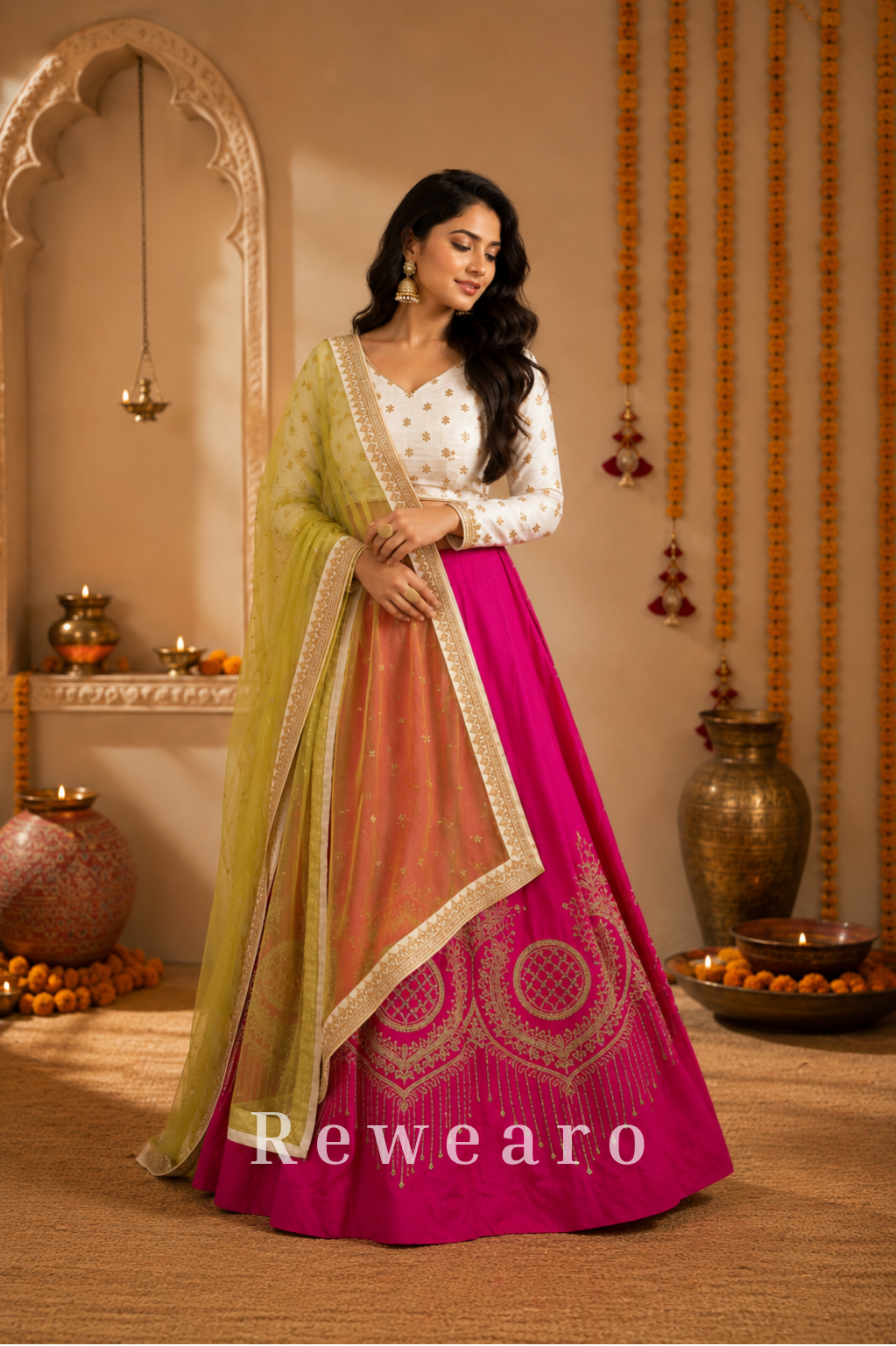 Rani Pink Lehenga with Ivory Floral Blouse & Lime Sheer Dupatta