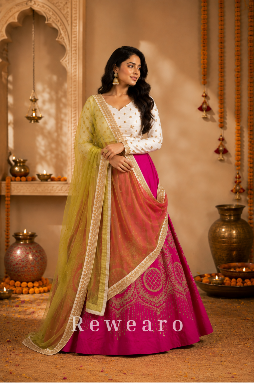 Rani Pink Lehenga with Ivory Floral Blouse & Lime Sheer Dupatta