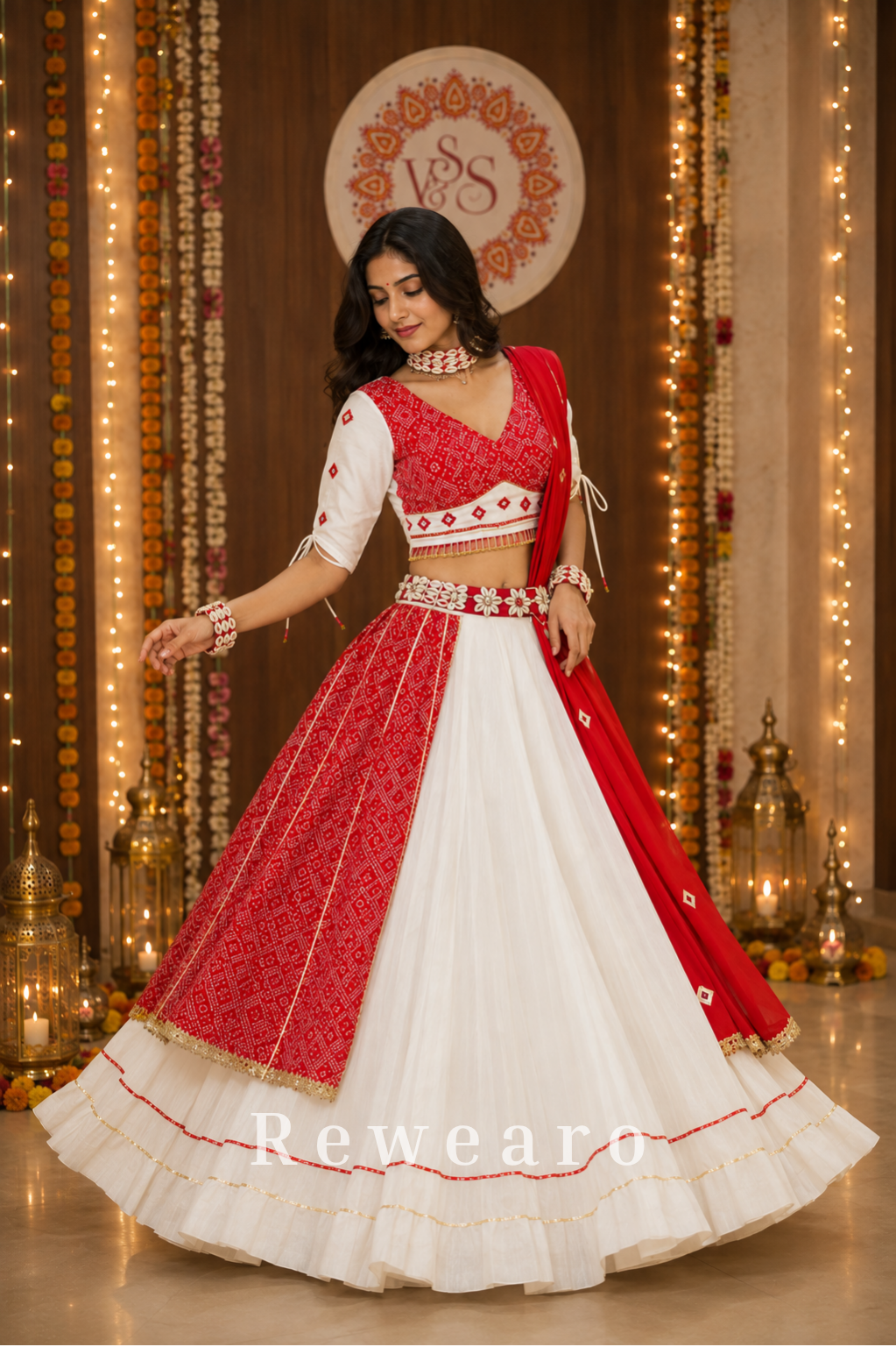 Ivory Bandhani Canvas with Ruby Draped Accents & Mirror Floral Waist Detailing