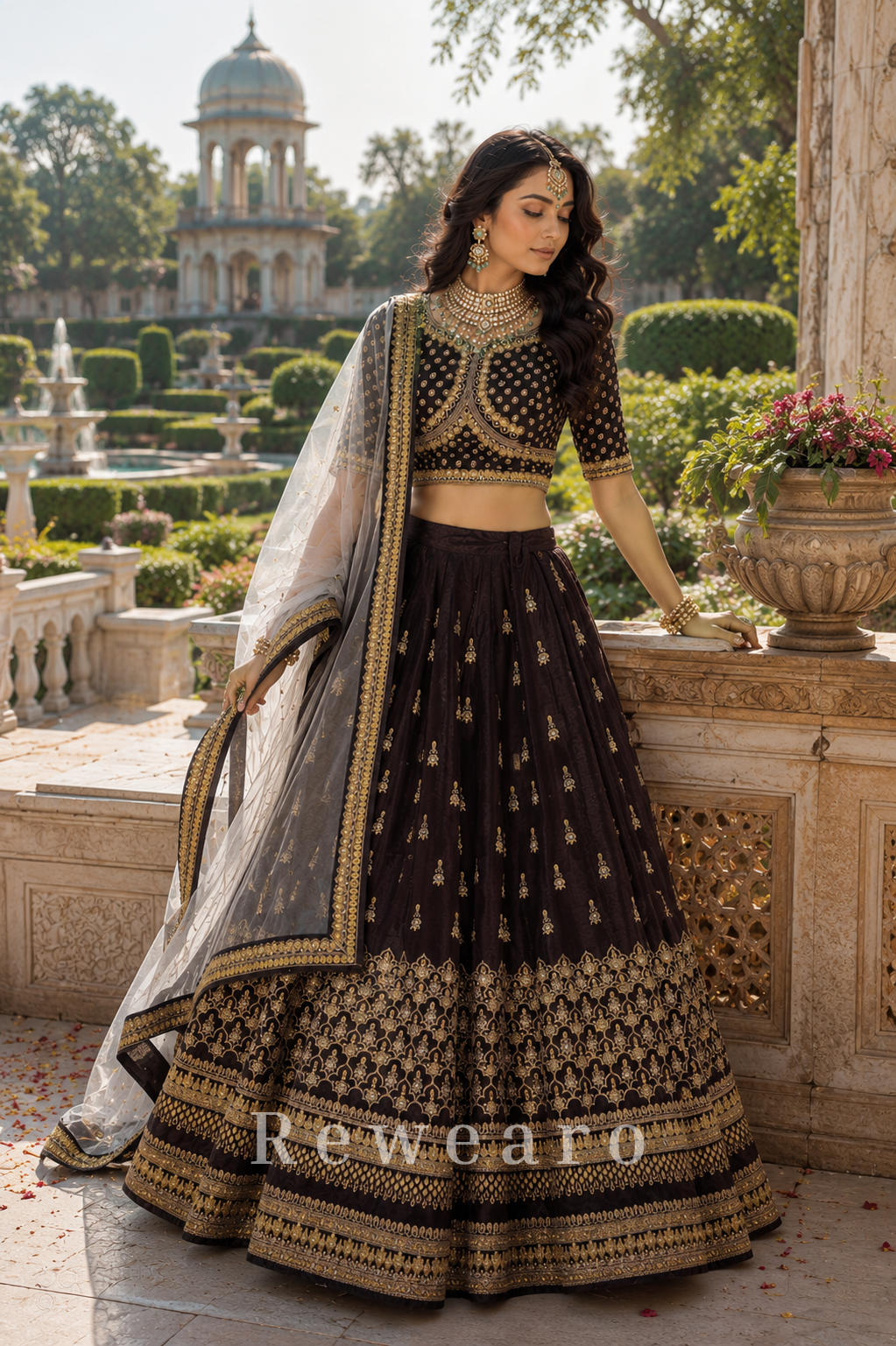 Midnight Noir Heritage Embroidered Lehenga Set with Ornate Gold Blouse and Sheer Dupatta