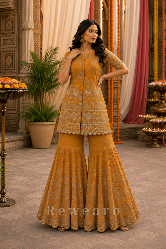 Mustard Embroidered Kurta Sharara Set