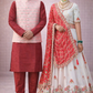 Ivory Embroidered Sider Lehenga Set with Coral Bandhani Style Dupatta and Coordinated Kurta Jacket Set