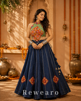 Navy Blue Printed Lehenga with Multicoloured Kutchi Embroidered Halter Blouse & Tasselled Details