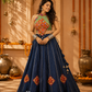 Navy Blue Printed Lehenga with Multicoloured Kutchi Embroidered Halter Blouse & Tasselled Details