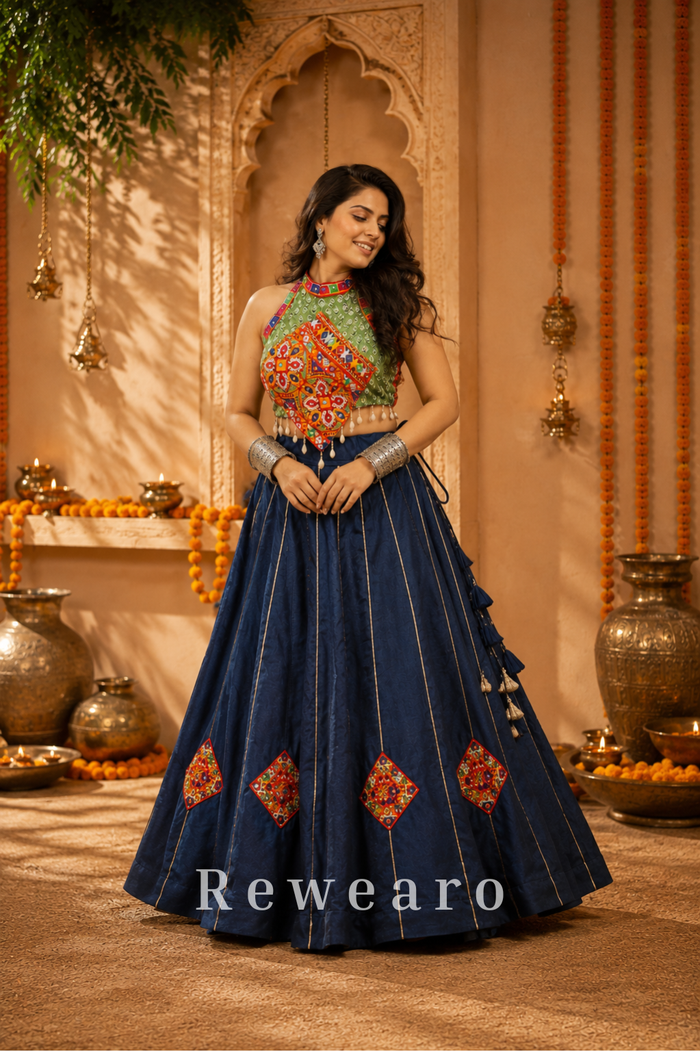 Navy Blue Printed Lehenga with Multicoloured Kutchi Embroidered Halter Blouse & Tasselled Details