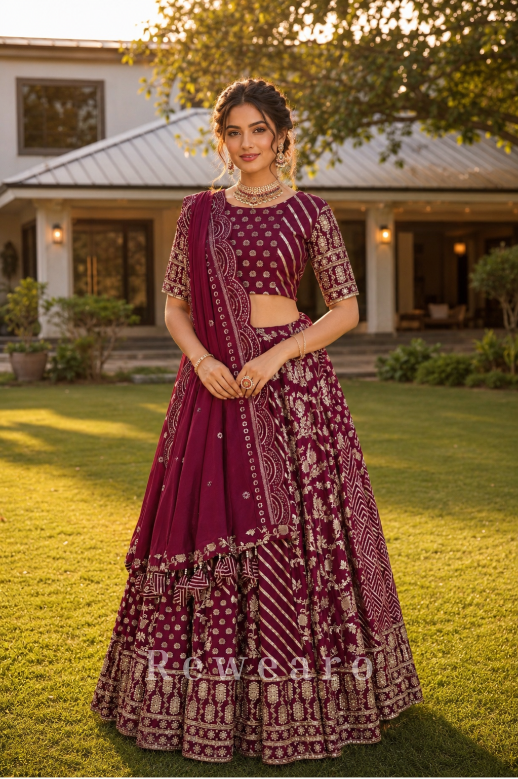 Wine Bandhani Embroidered Lehenga Set with Matching Embroidered Border Dupatta