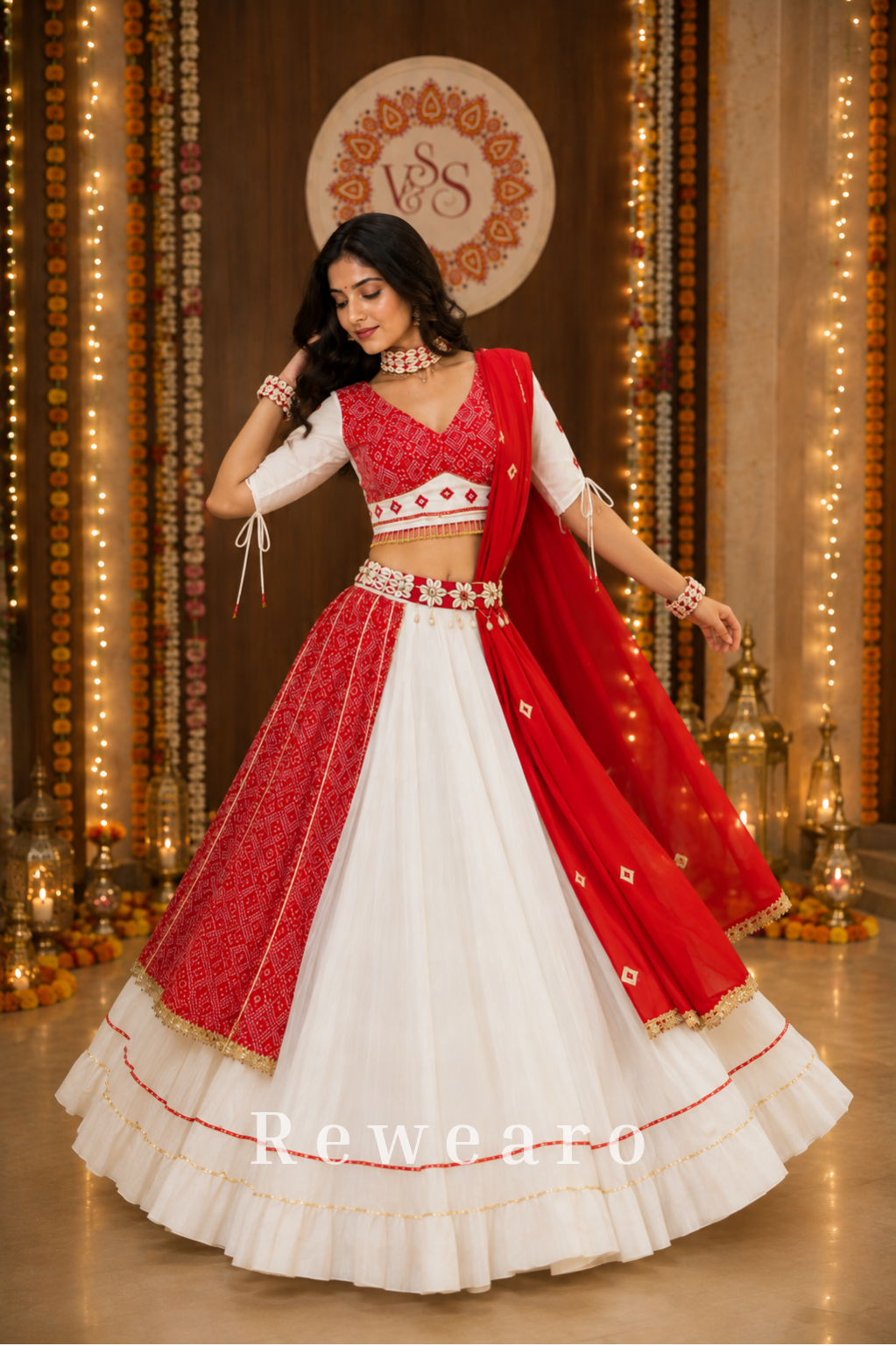 Ivory Bandhani Canvas with Ruby Draped Accents & Mirror Floral Waist Detailing