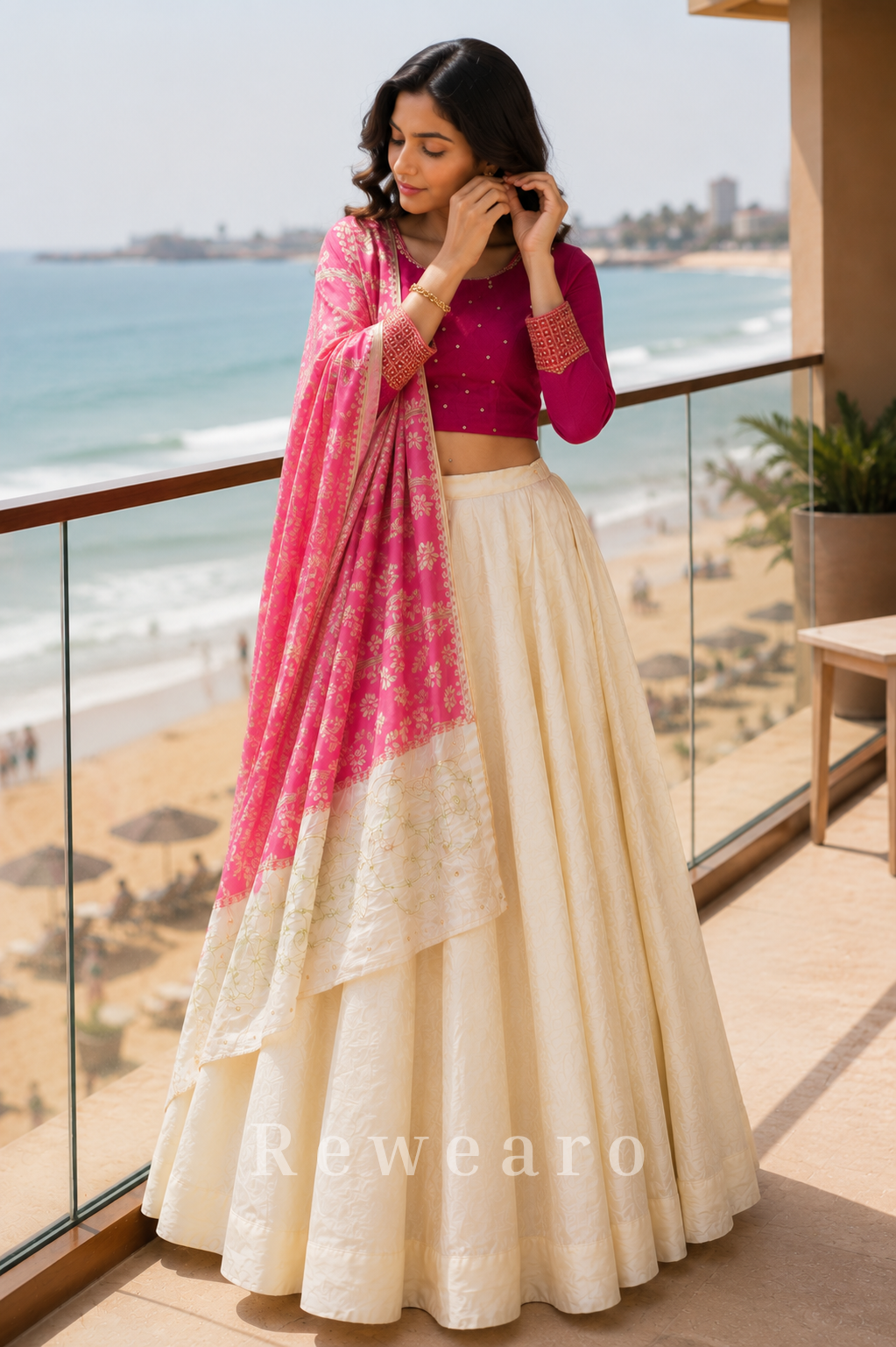 Fuchsia Pink Blouse with Ivory Lehenga and Floral Banarasi Style Dupatta