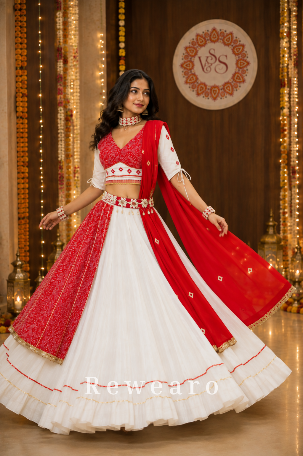Ivory Bandhani Canvas with Ruby Draped Accents & Mirror Floral Waist Detailing