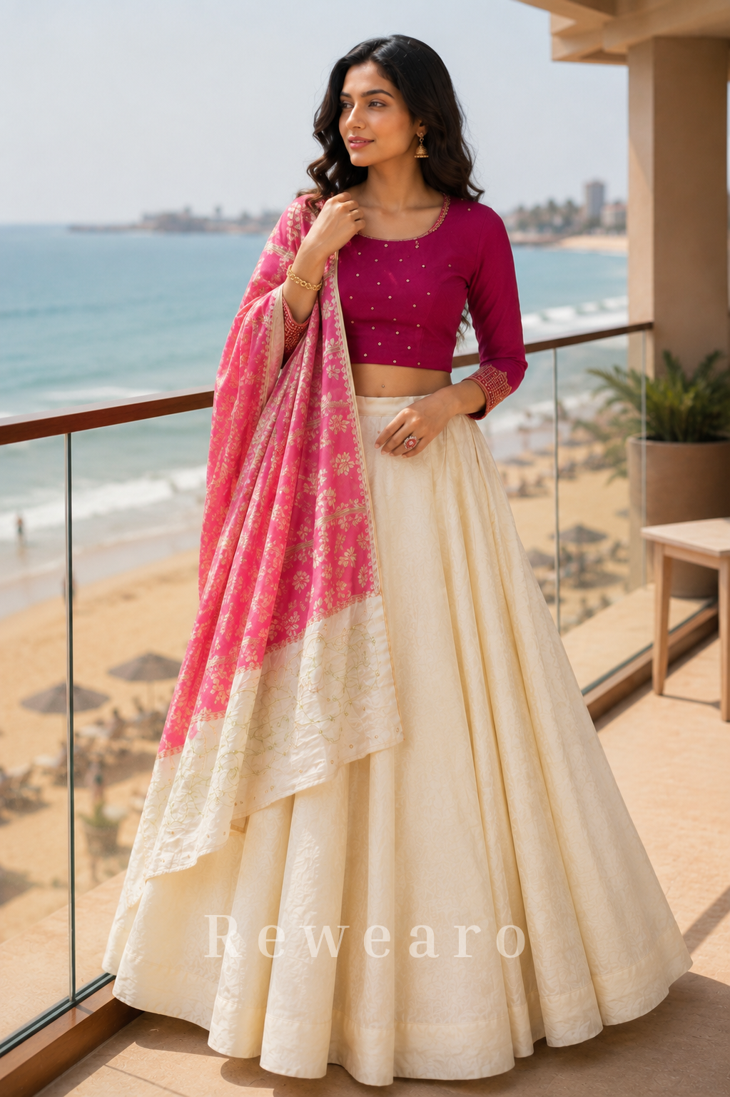 Fuchsia Pink Blouse with Ivory Lehenga and Floral Banarasi Style Dupatta