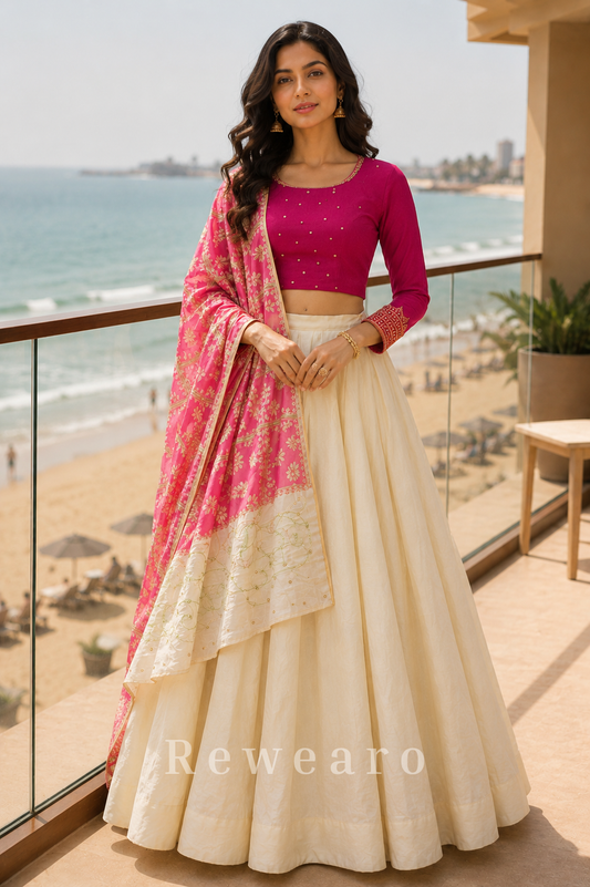 Fuchsia Pink Blouse with Ivory Lehenga and Floral Banarasi Style Dupatta