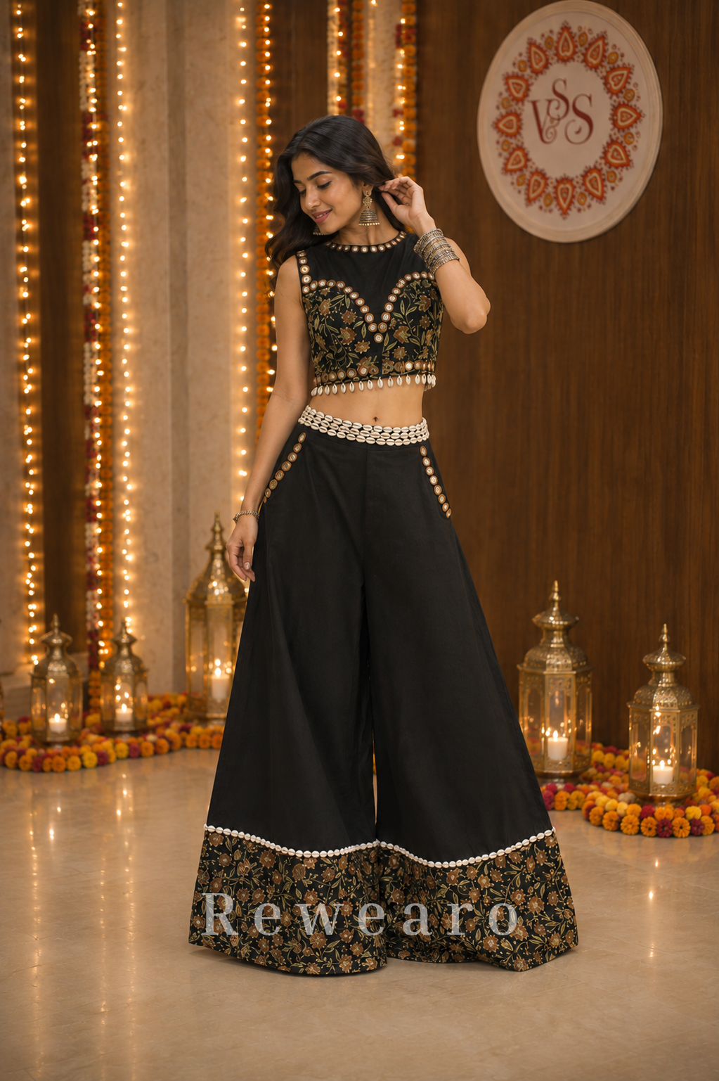 Siyah Sunehri Floral Mirrorwork Palazzo Set with Embellished Crop Top