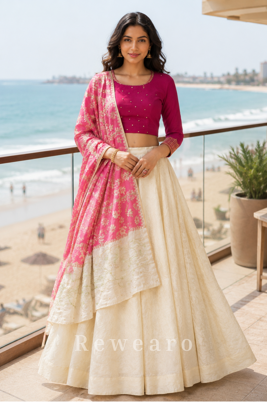 Fuchsia Pink Blouse with Ivory Lehenga and Floral Banarasi Style Dupatta