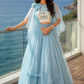 Powder Blue Layered Ruffle Lehenga Set with Printed Blouse and Dramatic Cape Sleeves